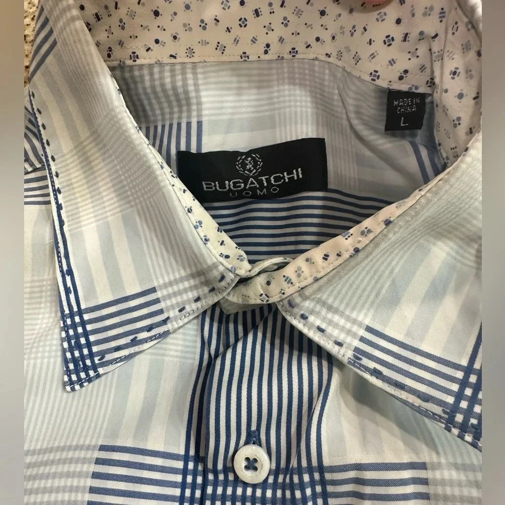 Bugatchi Men’s XL LS Dress Shirt - 100% cotton Blue/White Plaid Pattern